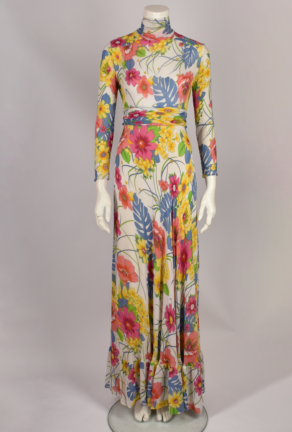 FRANK USHER 1970s TROPICAL FLORAL MOCK NECK GOWN