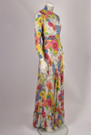FRANK USHER 1970s TROPICAL FLORAL MOCK NECK GOWN