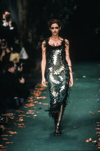JULIEN MACDONALD A/W 1998 GREEN CROCHET, SILVER LEATHER AND BLACK FEATHER DRESS