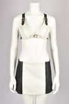 BLACK AND WHITE LEATHER BRA TOP AND SKIRT SET