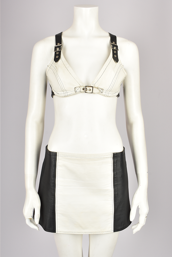 BLACK AND WHITE LEATHER BRA TOP AND SKIRT SET