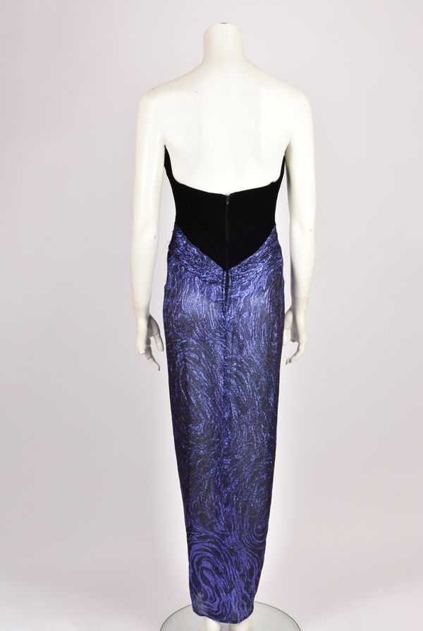 BOB MACKIE LAMÉ AND VELVET RUCHED STRAPLESS GOWN