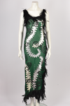 JULIEN MACDONALD A/W 1998 GREEN CROCHET, SILVER LEATHER AND BLACK FEATHER DRESS