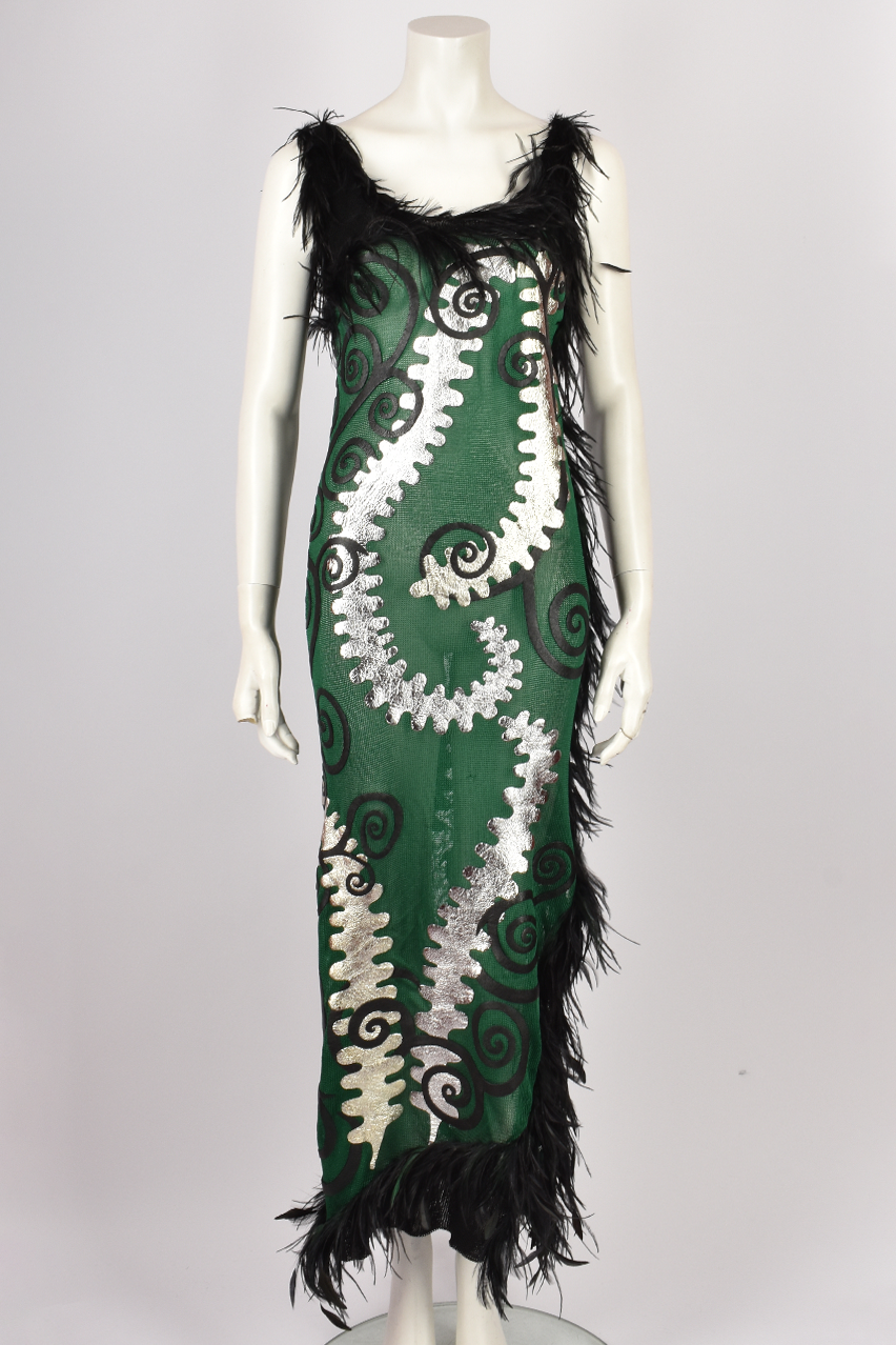 JULIEN MACDONALD A/W 1998 GREEN CROCHET, SILVER LEATHER AND BLACK FEATHER DRESS