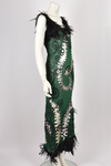JULIEN MACDONALD A/W 1998 GREEN CROCHET, SILVER LEATHER AND BLACK FEATHER DRESS
