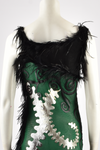 JULIEN MACDONALD A/W 1998 GREEN CROCHET, SILVER LEATHER AND BLACK FEATHER DRESS