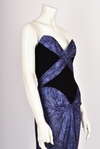 BOB MACKIE LAMÉ AND VELVET RUCHED STRAPLESS GOWN