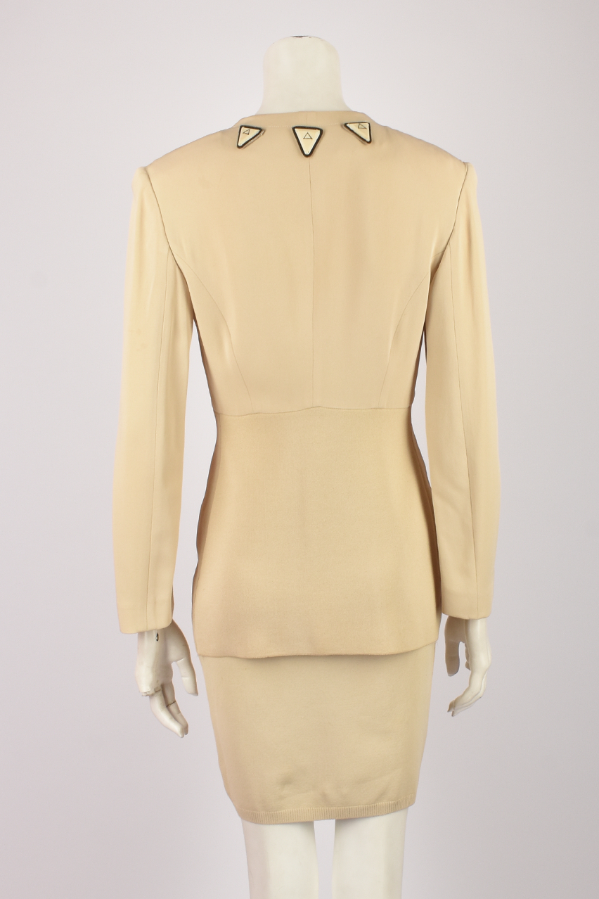OZBEK CREAM SKIRT SUIT WITH TRIANGLE ATTACHMENTS