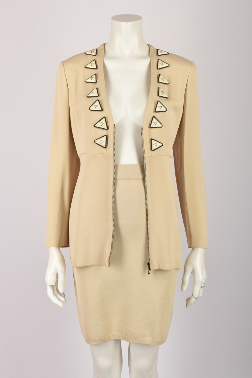OZBEK CREAM SKIRT SUIT WITH TRIANGLE ATTACHMENTS