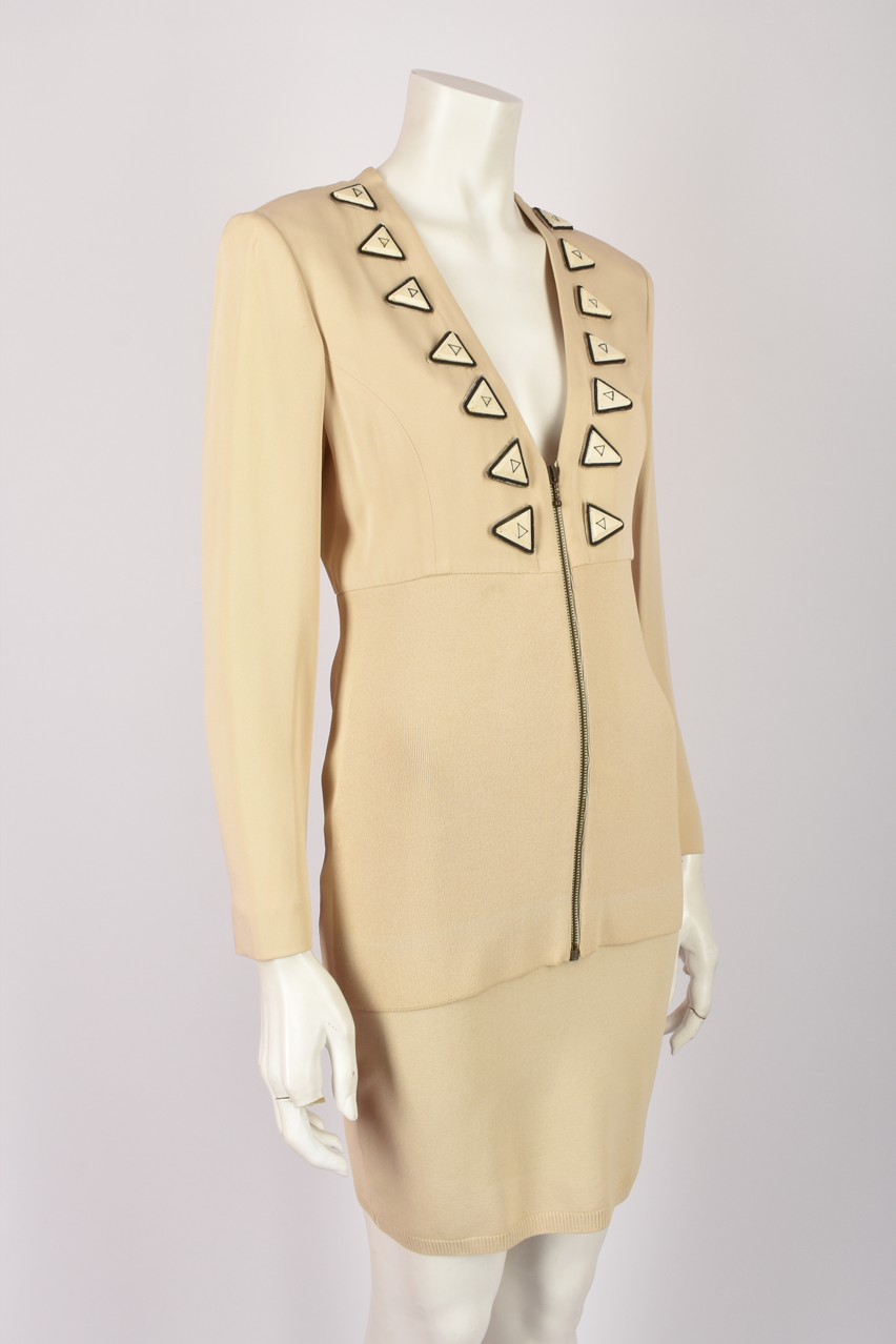 OZBEK CREAM SKIRT SUIT WITH TRIANGLE ATTACHMENTS