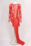 PAUL AARON RED OPEN KNIT ASYMMETRIC MAXI DRESS