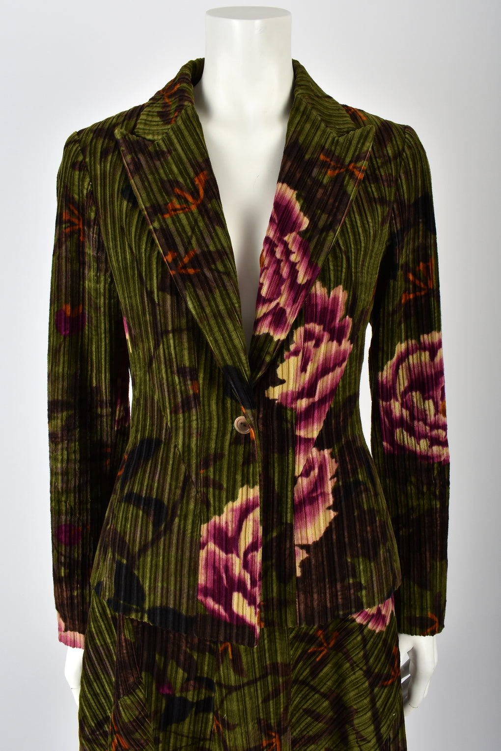 KENZO 00s corduroy peony print skirt suit / M-L