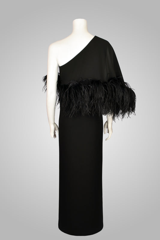 16ARLINGTON BLACK ONE-SHOULDER GOWN WITH FEATHERS