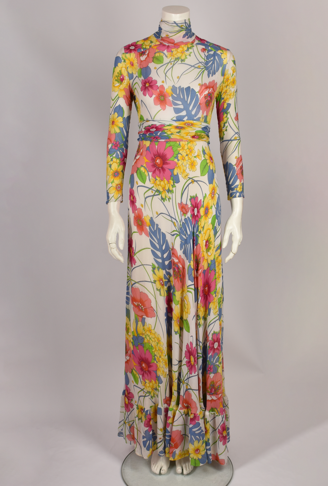 1970s TROPICAL FLORAL MOCK NECK GOWN