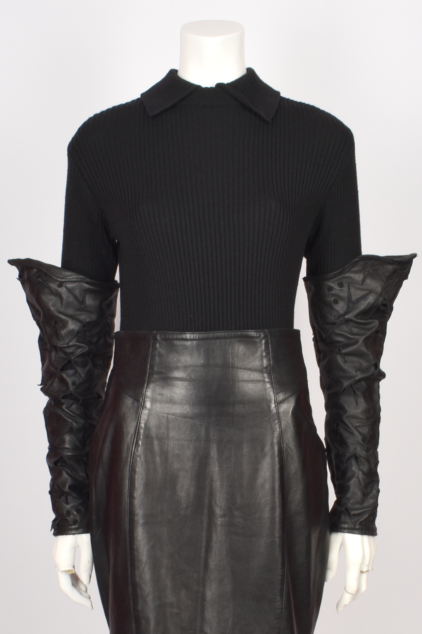 CLAUDE MONTANA LEATHER SLEEVE RIBBED SWEATER