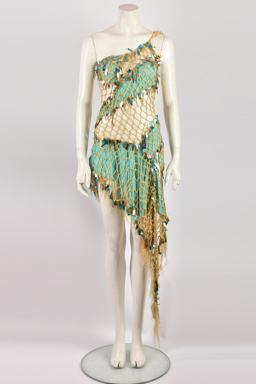 JULIEN MACDONALD BLUE GOLD KNIT SEQUIN DRESS XS