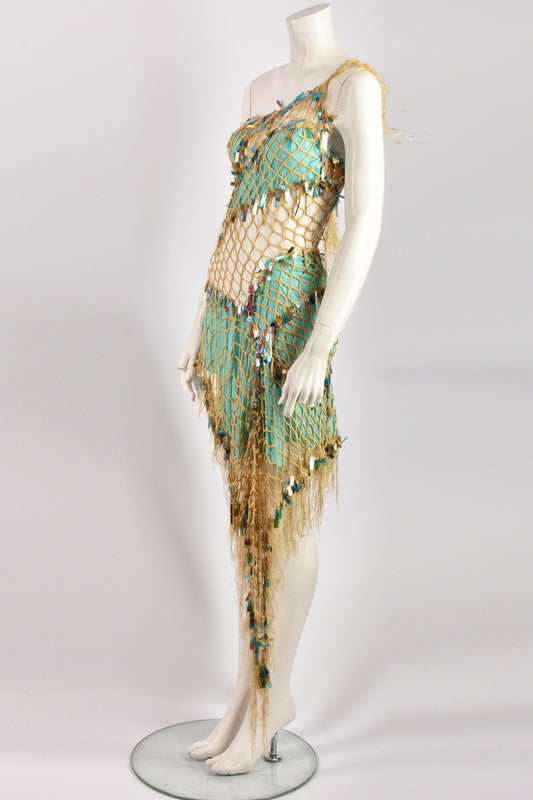 JULIEN MACDONALD BLUE GOLD KNIT SEQUIN DRESS XS