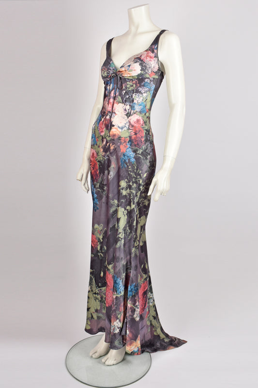 sachin and babi light blue dress a roberto cavalli 2000 silk floral dress with extra high slit and long train with ruffle trim available friday (sold, thank you) new pieces arrive 11AM PST for members, 12 PM for