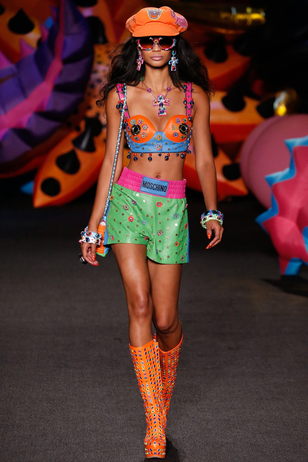 MOSCHINO BY JEREMY SCOTT MULTICOLOURED LEATHER EMBELLISHED BOXING LOOK