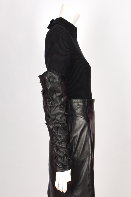 CLAUDE MONTANA LEATHER SLEEVE RIBBED SWEATER