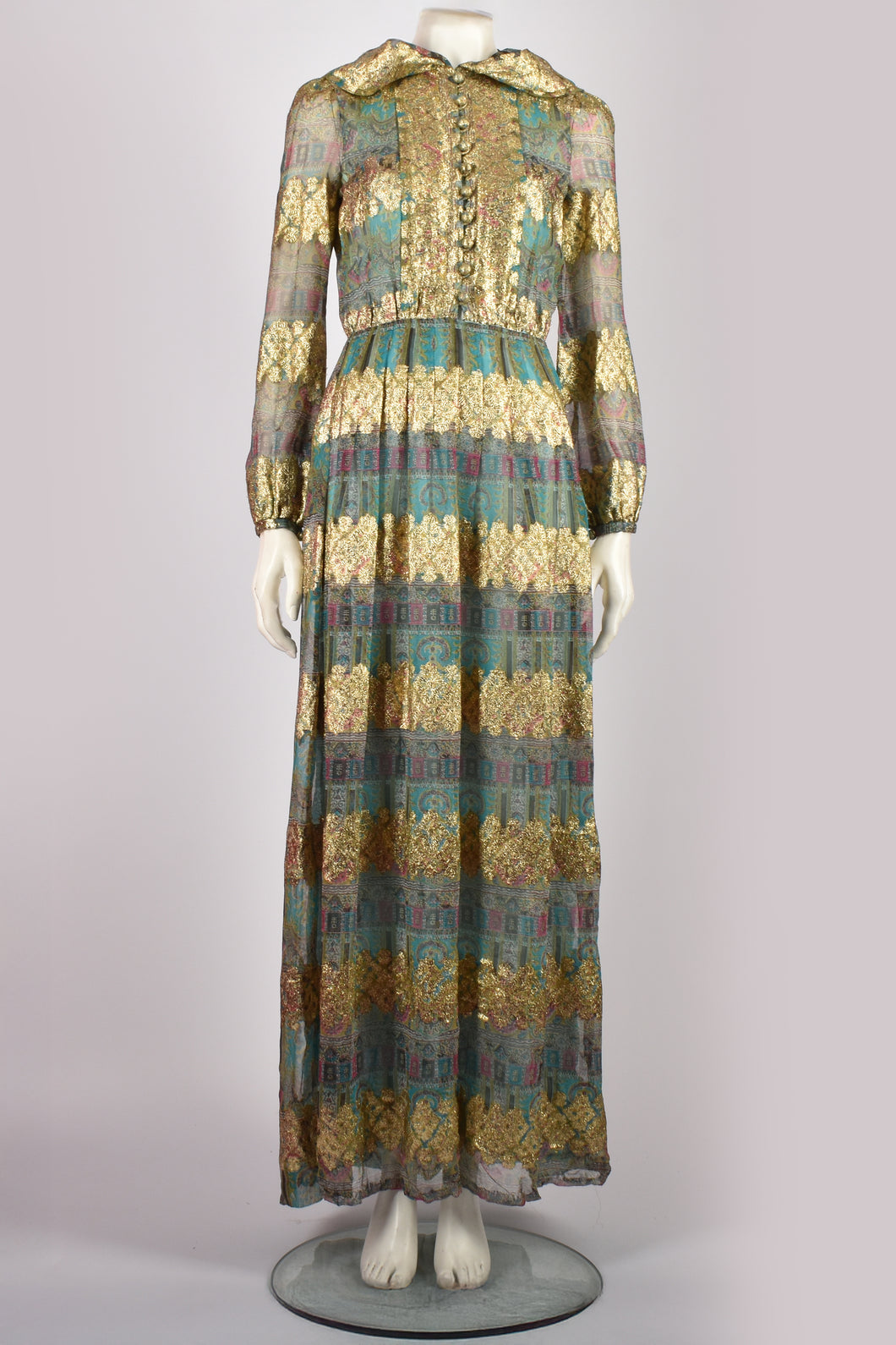 1970S SILK AND LAME HOODED GOWN