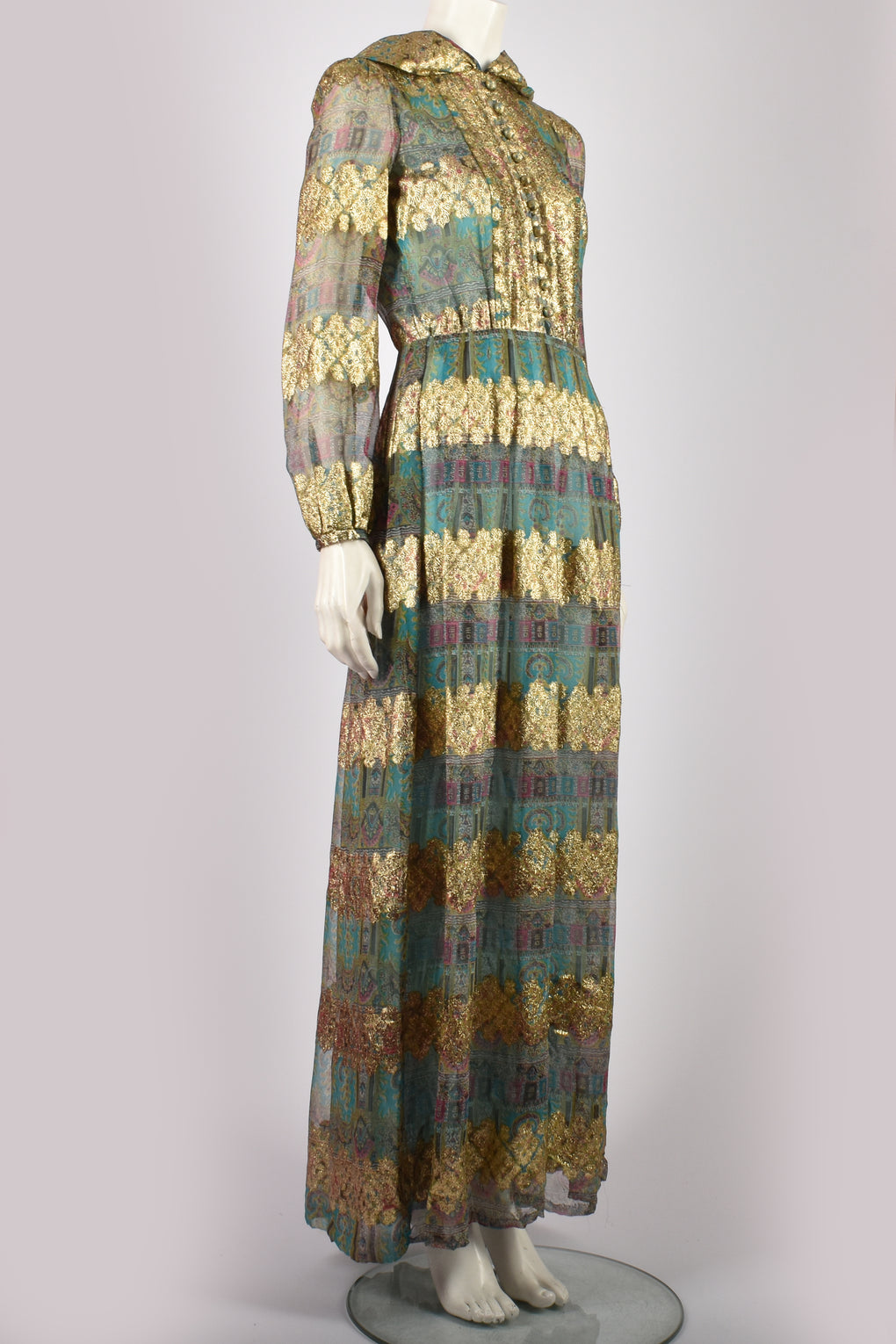 1970S SILK AND LAME HOODED GOWN