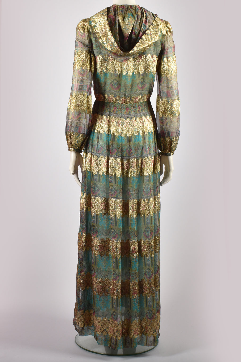 1970S SILK AND LAME HOODED GOWN
