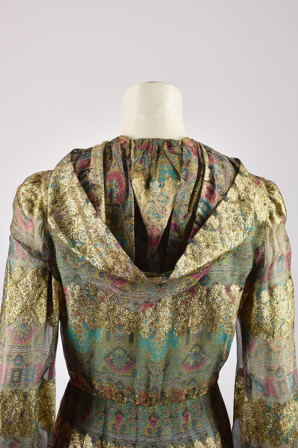 1970S SILK AND LAME HOODED GOWN