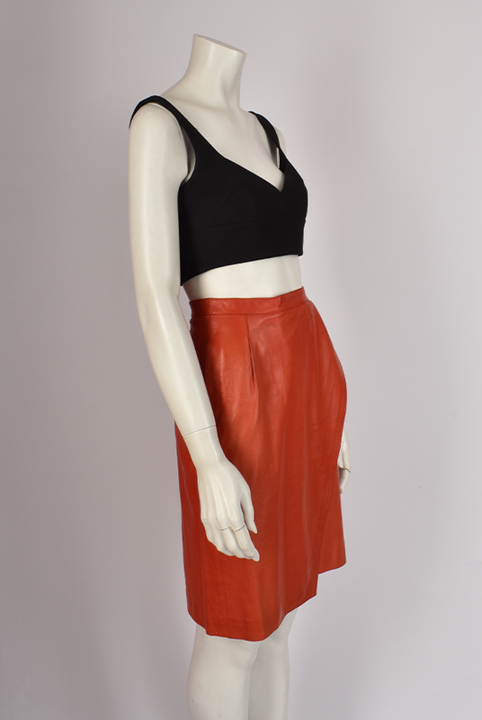 YVES SAINT LAURENT ORANGE LEATHER WRAP MIDI SKIRT