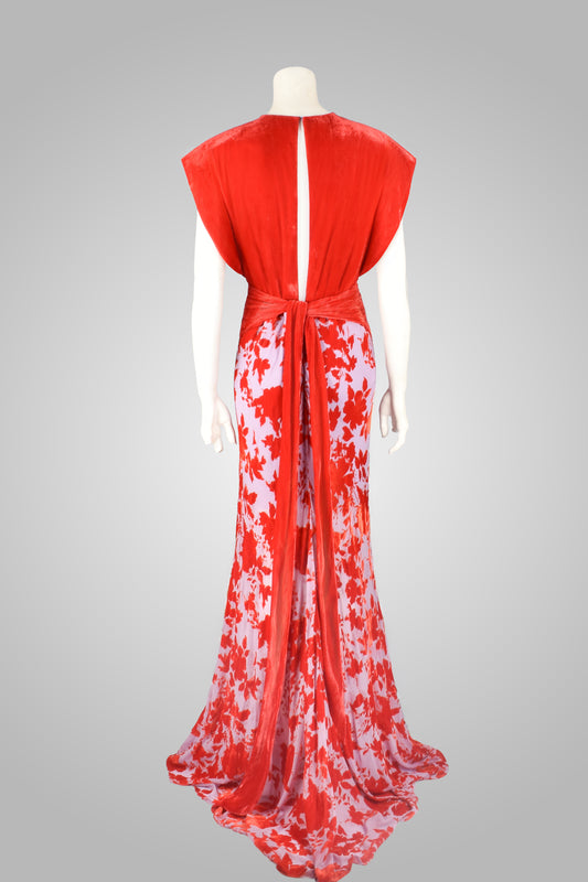 PHILOSOPHY RED/LILAC VELVET FLORAL GOWN