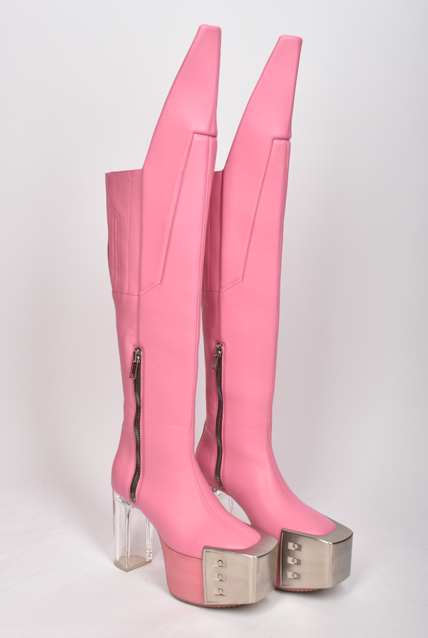 RICK OWENS S/S 2021 RUNWAY PINK KNEE HIGH PLATFORM BOOTS