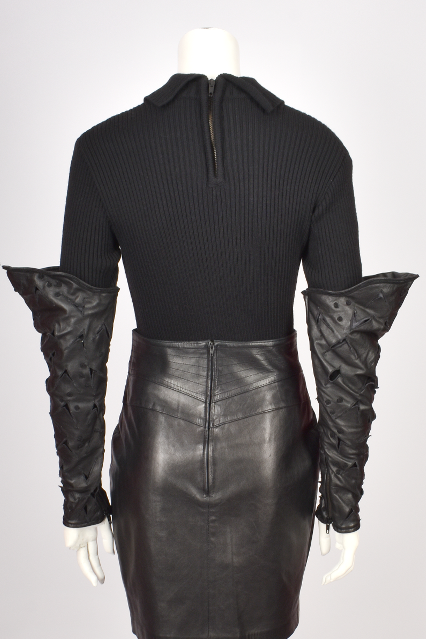 CLAUDE MONTANA LEATHER SLEEVE RIBBED SWEATER