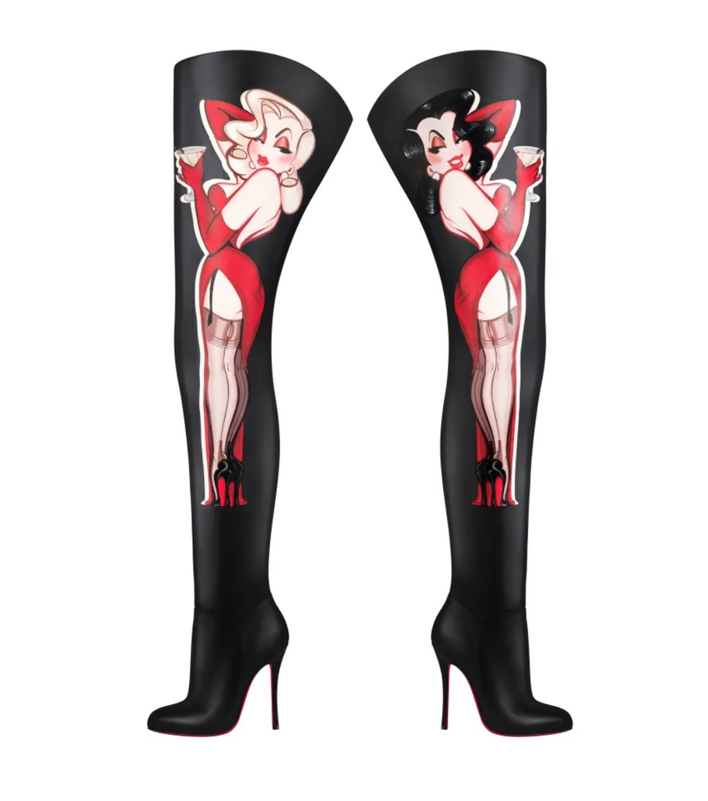 CHRISTIAN LOUBOUTIN LIMITED EDITION S/S 2022 THIGH HIGH BOOTS WITH PIN UP ILLUSTRATIONS