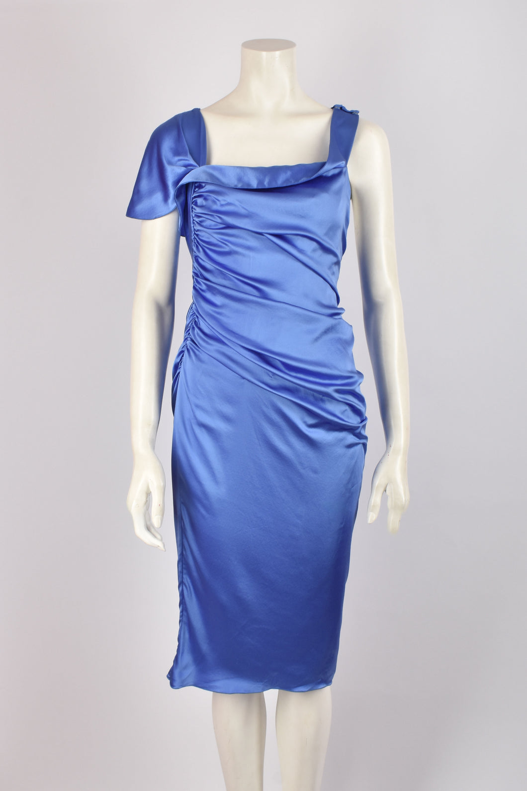 VERSACE RUCHED BLUE SILK MIDI DRESS