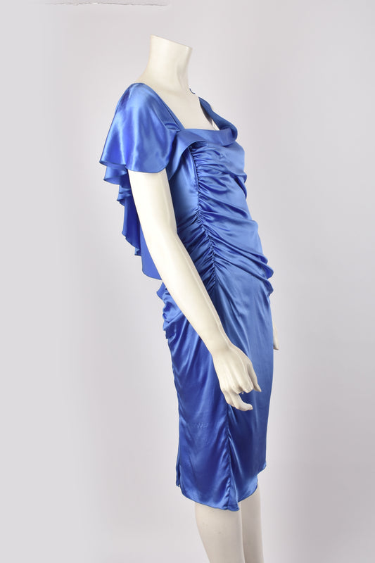 VERSACE RUCHED BLUE SILK MIDI DRESS