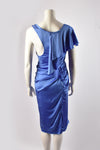 VERSACE RUCHED BLUE SILK MIDI DRESS