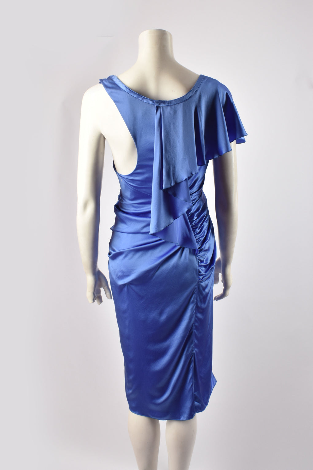 VERSACE RUCHED BLUE SILK MIDI DRESS
