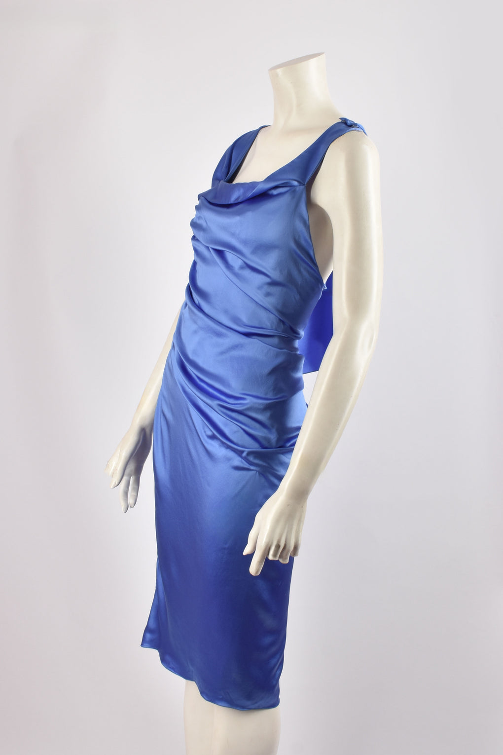 VERSACE RUCHED BLUE SILK MIDI DRESS