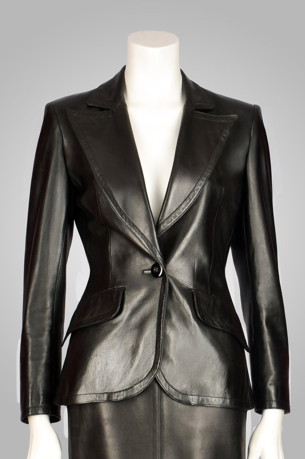 YVES SAINT LAURENT BLACK LEATHER SKIRT SUIT