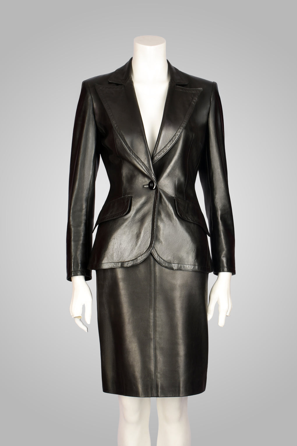 YVES SAINT LAURENT BLACK LEATHER SKIRT SUIT