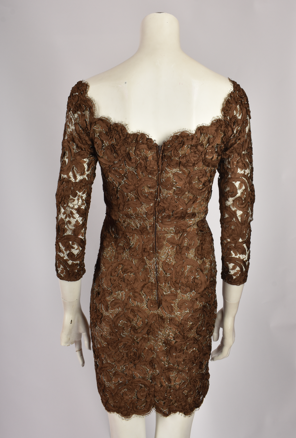 ANTONY PRICE BROWN LACE PLUNGE NECKLINE DRESS