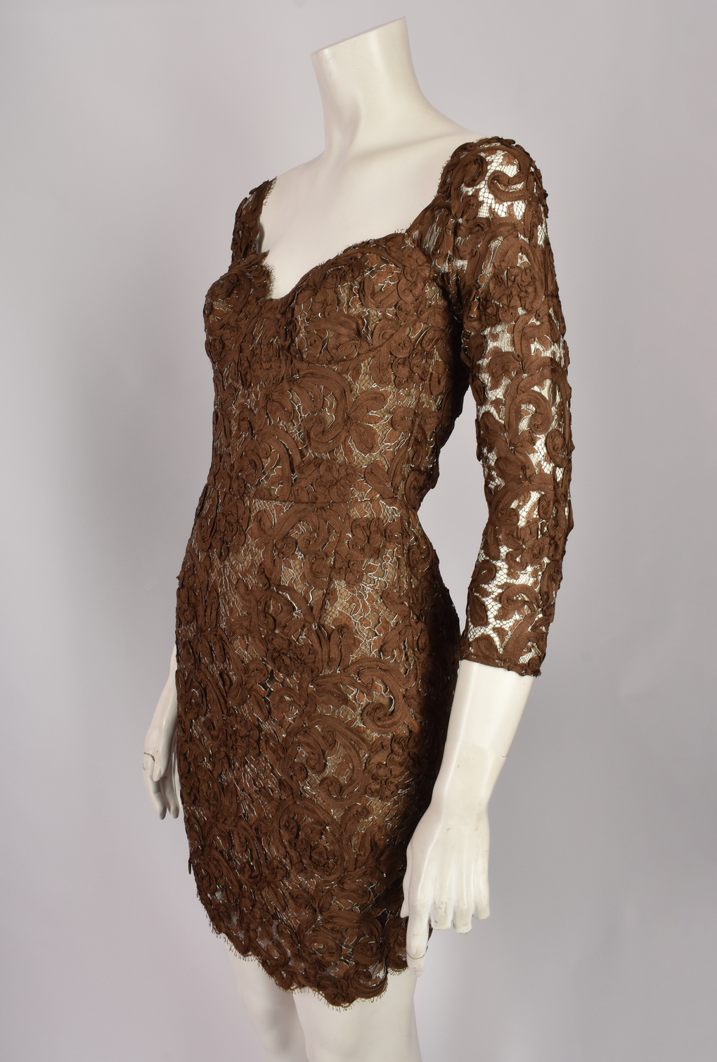 ANTONY PRICE BROWN LACE PLUNGE NECKLINE DRESS