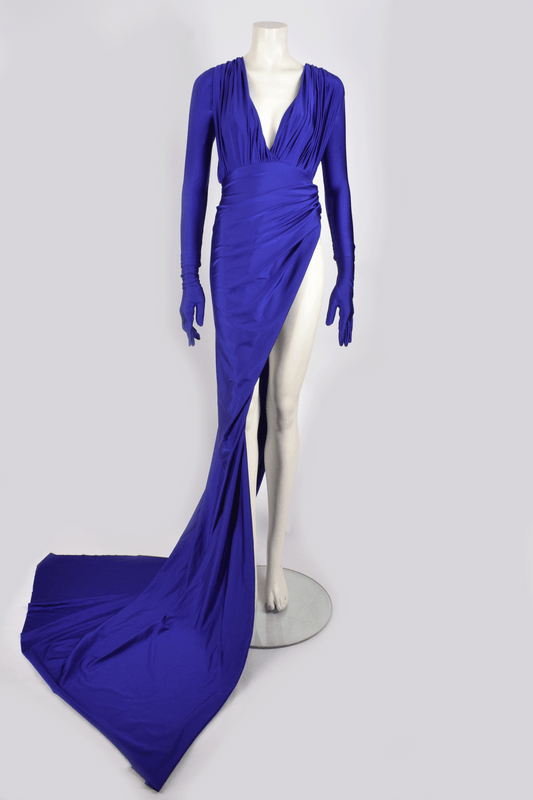 BALENCIAGA FALL 2020 RTW BLUE WRAP GOWN W/ GLOVES