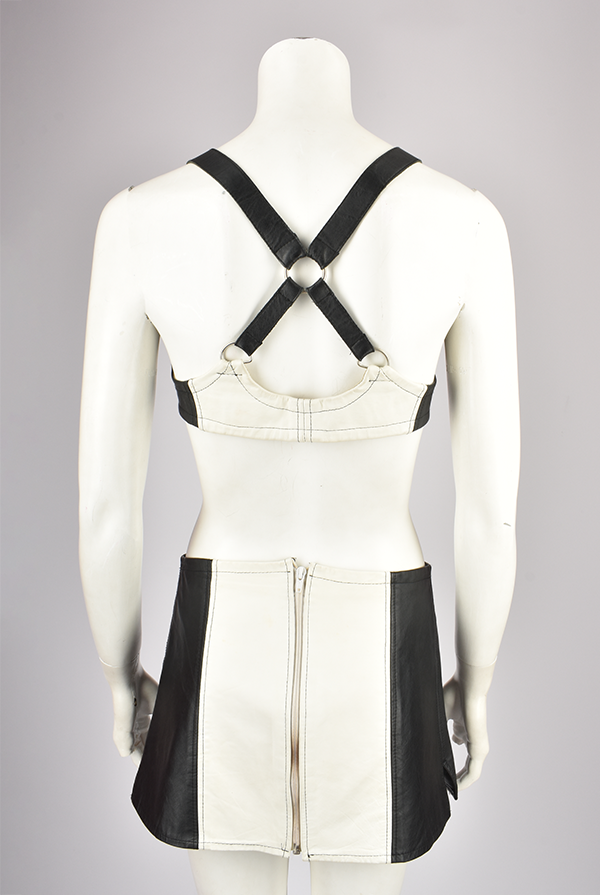 BLACK AND WHITE LEATHER BRA TOP AND SKIRT SET
