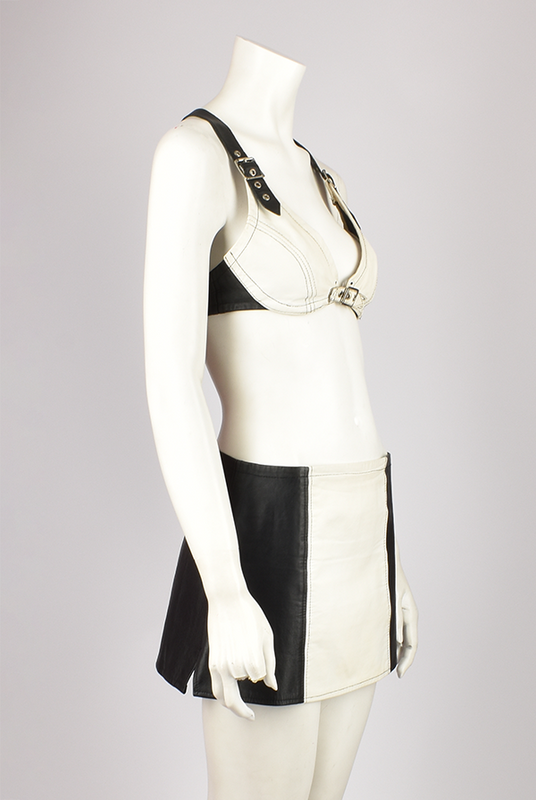 BLACK AND WHITE LEATHER BRA TOP AND SKIRT SET