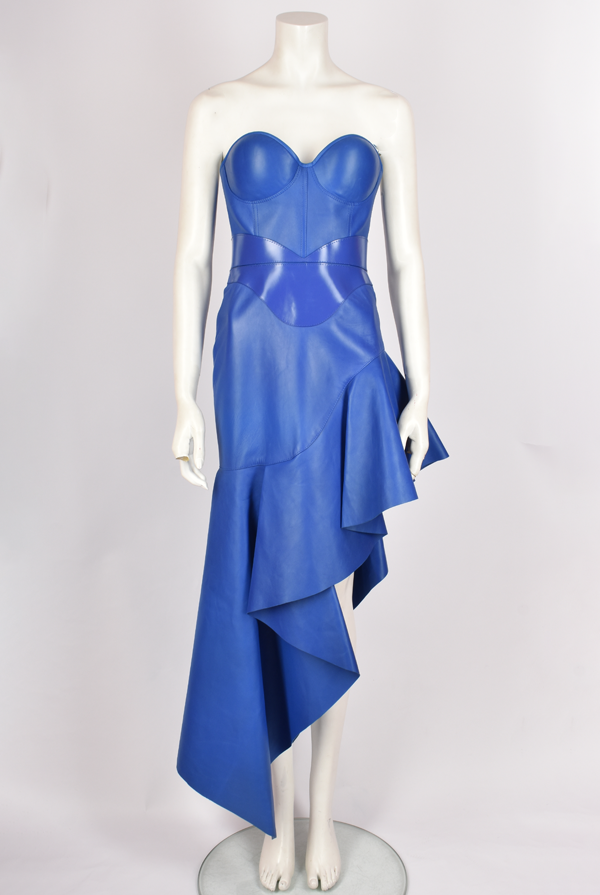ALEXANDER MCQUEEN RUNWAY S S 2023 BLUE LEATHER BUSTIER DRESS