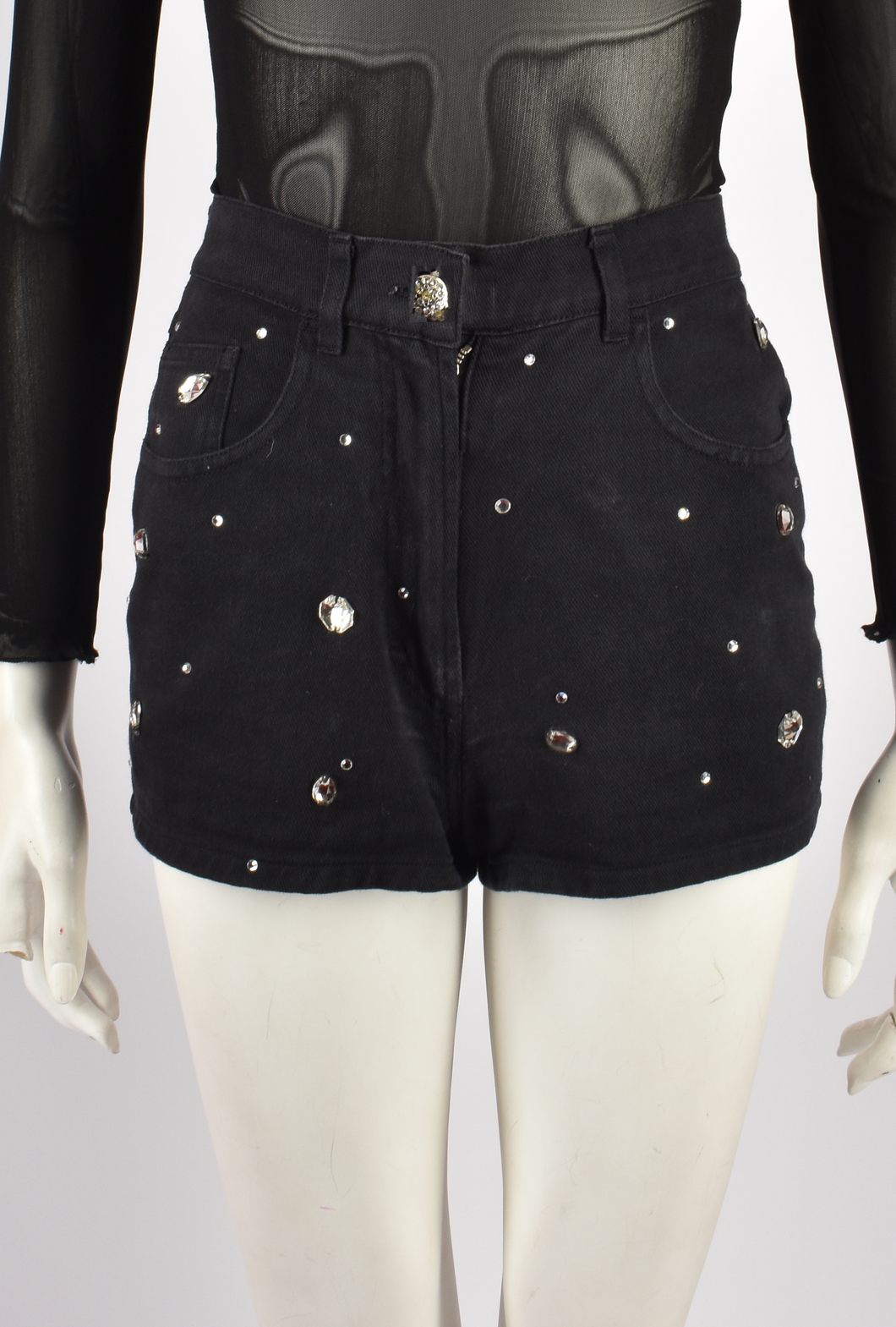 BLUMARINE BLACK DENIM SHORTS WITH RHINESTONES