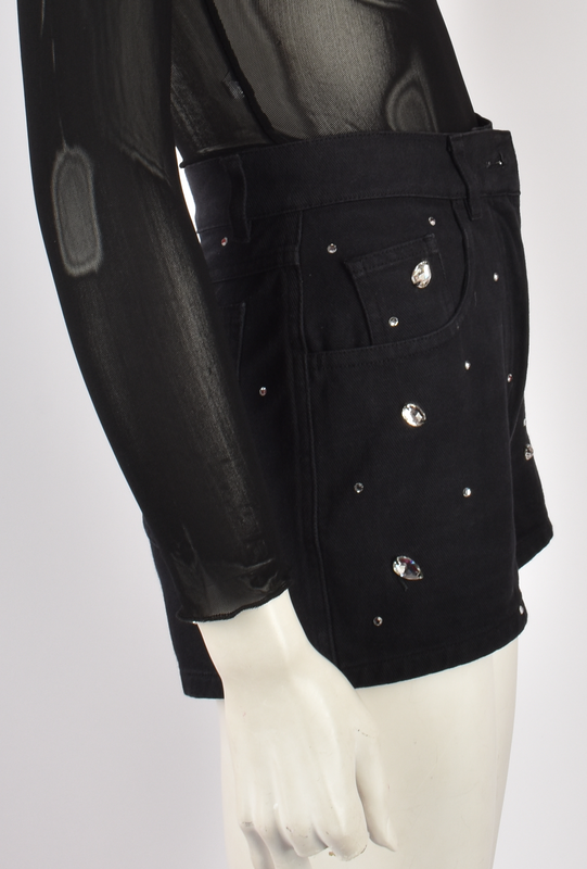 BLUMARINE BLACK DENIM SHORTS WITH RHINESTONES