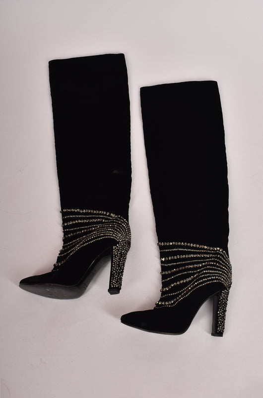 ALBERTA FERRETTI F/W 2018 VELVET HEELED BOOTS WITH CRYSTAL DETAILS