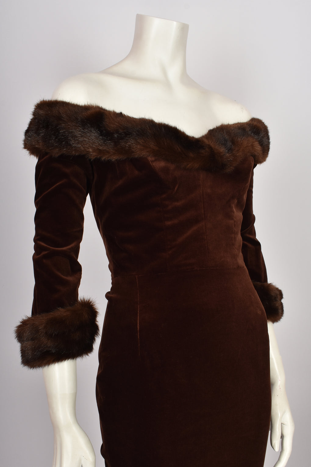 ANTONY PRICE BROWN VELVET AND FUR TRIM DRESS